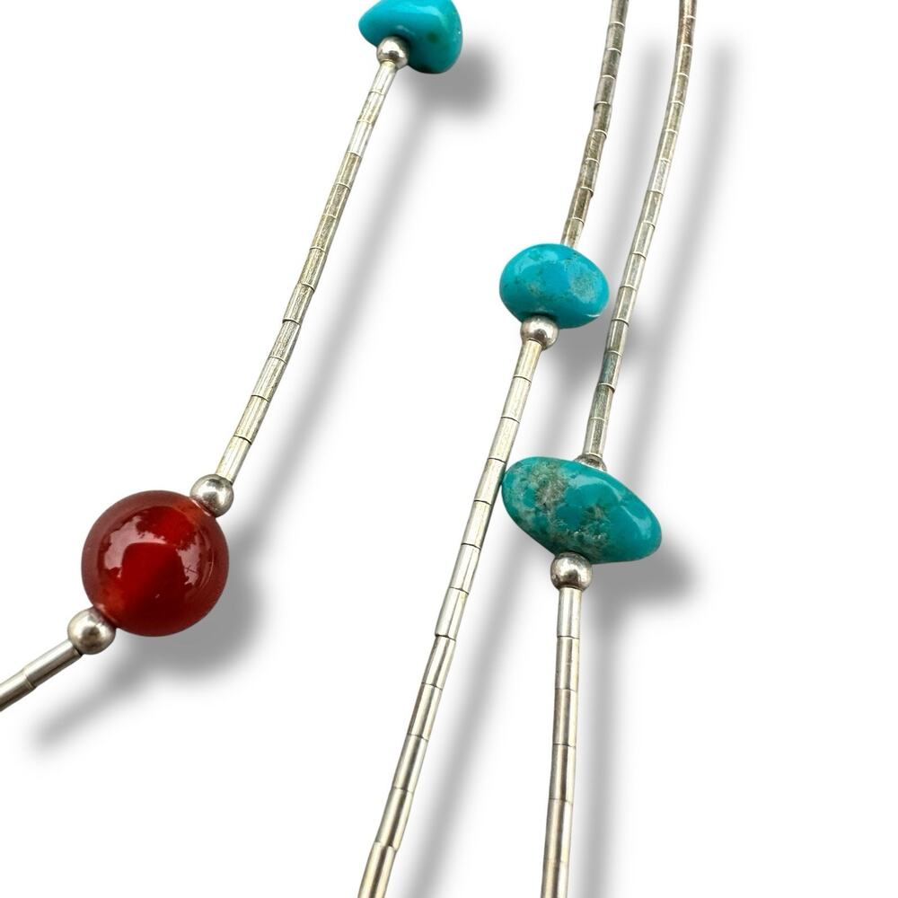 Sterling Liquid Silver Necklace Layered Turquoise Carnelian 925 Native Navajo - Picture 5 of 7